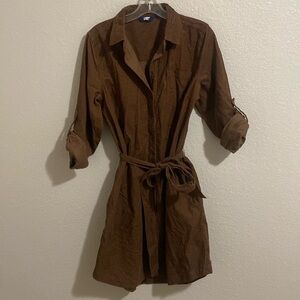 Lands' End Corduroy Midi Shirt Dress Size M Brown Button Front Belted Boho